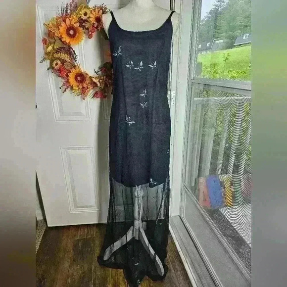 Vintage 90s Lori Ann Montreal maxi sheer black with glitter butterflies size L - Picture 1 of 4